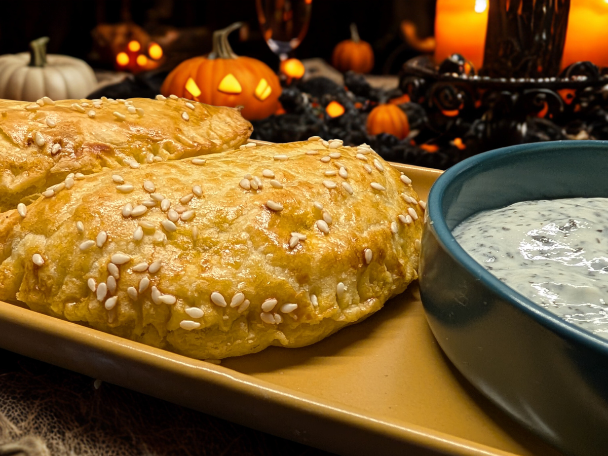 A plate of Cornish Pasties with a yoghurt dip for a Halloween Party