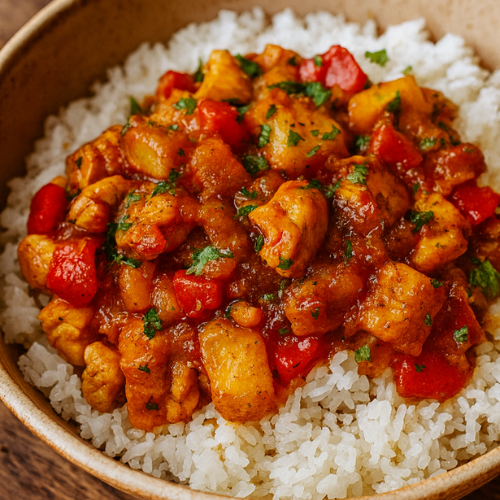 A photo of stir fry chicken and pineapple with rice in a bowl